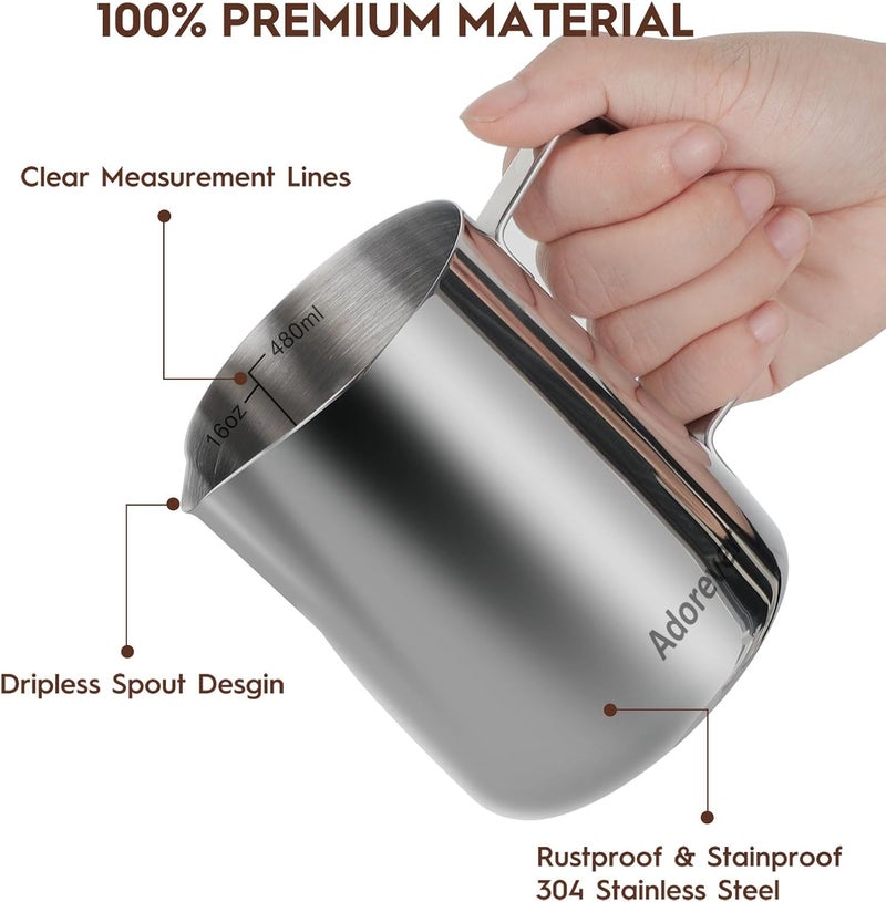 Adorever Milk Frothing Pitcher, 16oz 480ml Milk Frother Cup Stainless Steel Steaming Pitcher, Coffee Bar Cappuccino Espresso Machine Accessories Barista Tools, Steamer Cup Milk Jug with Latte Art Pen - Image 2